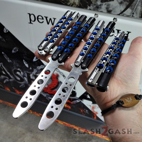 The ONE Butterfly Knife Trainer w/ BUSHINGS Practice Balisong - Black Blue Holes - Safety Dull - Training No Edge BM40 Clone