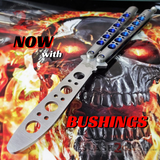 The ONE Butterfly Knife Blue Holes Channel Balisong Practice - Trainer/Training Spring Latch Dull No Edge w/ BUSHINGS