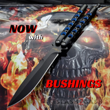 The ONE Balisong Benchmade 4x Clone Butterfly Knife Channel w/ BUSHINGS spring latch Black 42 Blue Holes
