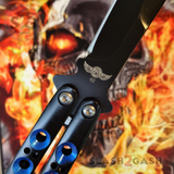 The ONE Butterfly Knife 440C Channel Balisong w/ BUSHINGS - Black 42 Blue Holes and Spring Latch
