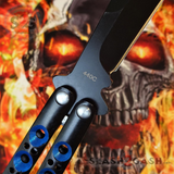 TheONE Butterfly Knife 440C Channel Balisong w/ BUSHINGS - Black 42 Blue Holes and Spring Latch