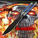 The ONE Balisong Benchmade 4x Clone Butterfly Knife Channel w/ BUSHINGS spring latch Black 42 Satin Blue Holes