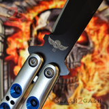 TheONE Butterfly Knife with BUSHINGS 440C Channel Balisong - Black 42 Blue Holes and Spring Latch