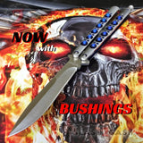 TheONE Butterfly Knife with BUSHINGS 440C Channel Balisong - Satin 42 with Blue Holes and Spring Latch