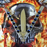 TheONE Butterfly Knife with BUSHINGS 440C Channel Balisong - Satin 42 with Blue Holes and Spring Latch