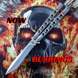 The ONE Balisong Benchmade 4x Clone Butterfly Knife Channel w/ BUSHINGS spring latch 42 Serrated