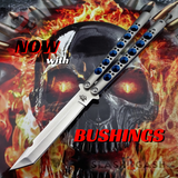 The ONE Balisong Benchmade 4x Clone Butterfly Knife Channel w/ BUSHINGS spring latch Tanto Halo Blue Holes