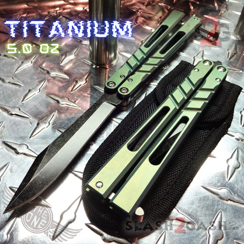The ONE CHAB Balisong Titanium Channel D2 w/ Bushings Green Butterfly Knife Stonewashed S2G slash2gash