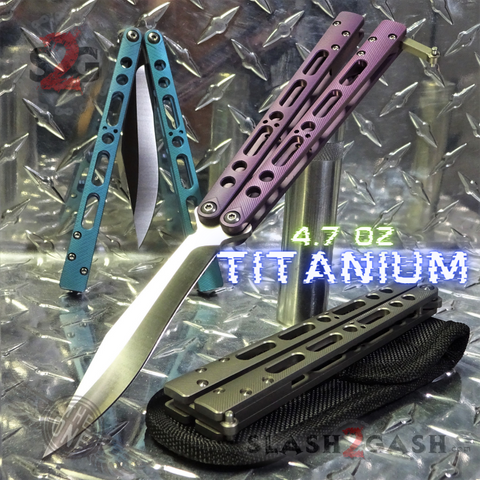 The ONE TITANIUM Balisong EX-10 (clone) Butterfly Knife w/ Bushings 440C - Gray/Teal/Purple