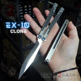 The One EX-10 clone Butterfly Knife Balisong w/ Carbon Fiber Gray/Silver Titanium Blue Screws