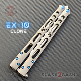 The One EX-10 clone Butterfly Knife Balisong Trainer w/ Blue Screws Gray/Silver Titanium