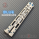 The One EX-10 clone Butterfly Knife Balisong Trainer w/ Blue Screws Gray/Silver Titanium