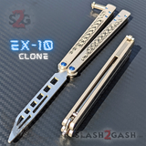 The One EX-10 clone Butterfly Knife Balisong Trainer w/ Carbon Fiber Gray/Silver Titanium Blue Screws