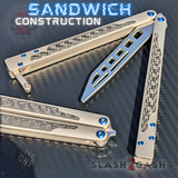 The One EX-10 clone Butterfly Knife Balisong Trainer w/ Carbon Fiber Gray/Silver Titanium Blue Screws
