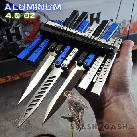 The ONE Channel Balisong FALCON Butterfly Knife w/ Zen Pins - ORIGINAL design Black Blue Silver Sharp Trainer