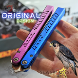 The ONE Channel Balisong FALCON Butterfly Knife w/ Zen Pins - ORIGINAL design Blue Purple Sharp