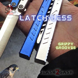 FALCON Balisong The ONE Butterfly Knife Silver Blue Latchless Channel w/ Grippy Grooves - Trainer Practice Safe Dull