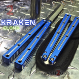 The ONE Channel Balisong KRAKEN (clone) Butterfly Knife w/ Bushings - Blue krake laken Tanto Sharp