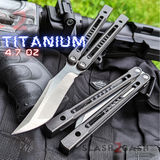 Monarch Clone The One Balisong Titanium Butterfly Knife Black Blade Black Channel Handles Sharp D2 Live Stonewash Satin