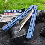 Monarch Clone The One Balisong Titanium Butterfly Knife Satin Blade Blue Channel Handles Sharp D2 Live Stonewash S2G slash2gash