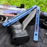 Monarch Clone The One Balisong Titanium Butterfly Knife Black Blade Blue Channel Handles Sharp D2 Live Stonewash