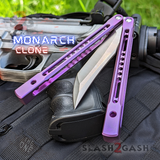 Monarch Clone The One Butterfly Knife Titanium Balisong Satin Blade Purple Channel Handles Sharp D2 Live Stonewash S2G slash2gash