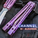 Purple Monarch Clone Channel Butterfly Knife The One Balisong Titanium Satin Blade Sharp D2 Live Stonewash S2G slash2gash