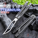Monarch Clone The One Balisong Titanium Butterfly Knife Satin Trainer Blade Black Channel Handles Dull Practice Safe D2 Stonewash S2G slash2gash