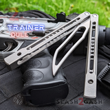 Monarch Clone The One Balisong Titanium Butterfly Knife Satin Trainer Blade Gray Channel Handles Dull Practice Safe D2 Silver S2G slash2gash