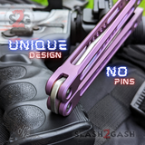 Monarch Clone The One Titanium Butterfly Knife Pinless Balisong Satin Trainer Blade No Pins Purple Channel Handles D2 Dull Practice Safe S2G slash2gash