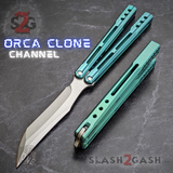 The ONE Balisong Orca Butterfly Knife Clone Channel Construction Sharp D2 - BUSHINGS Green Live Knives