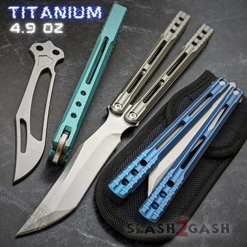 The ONE Channel Balisong Orca TITANIUM Butterfly Knife Sharp Blade D2 Live - (clone) BUSHINGS Grey Blue Green Trainer Practice Safe
