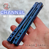 The ONE Balisong Orca Butterfly Knife Clone Channel Construction D2 - BUSHINGS Blue Trainer Knives