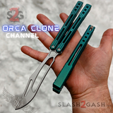 The ONE Balisong Orca Butterfly Knife Clone Channel Construction D2 - BUSHINGS Teal Green Knives