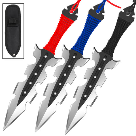 7" Shark Tooth Throwing Knives Black Red Blue Ninja Knife - 3 PC Set