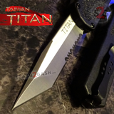Black Titan OTF Knife Dual Action Automatic Switchblade Knives Tanto Satin Serrated - UPGRADED