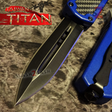 Taiwan Titan OTF D/A Blue Automatic Knife Carbon Fiber Switchblade w/ Black Dagger - upgraded Dual Action out-the-front knives