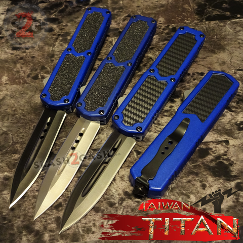 Taiwan Titan OTF D/A Blue Automatic Knife Switchblade - upgraded Dual Action out-the-front knives slash 2 gash