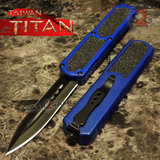 Taiwan Titan OTF D/A Blue Automatic Knife Switchblade w/ Black Double Edge - upgraded Dual Action out-the-front knives