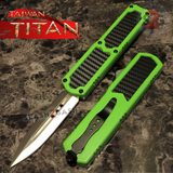 Taiwan Titan OTF D/A Green Automatic Knife Carbon Fiber Switchblade w/ Silver Double Edge - upgraded Dual Action out-the-front knives