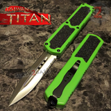Taiwan Titan OTF D/A Green Automatic Knife Switchblade w/ Silver Double Edge Serrated - upgraded Dual Action out-the-front knives