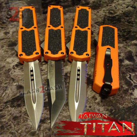 Taiwan Titan OTF D/A Orange Automatic Knife Switchblade - upgraded Dual Action out-the-front knives slash 2 gash