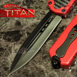 Taiwan Titan OTF D/A Red Automatic Knife Carbon Fiber Switchblade w/ Silver Double Edge - upgraded Dual Action out-the-front knives