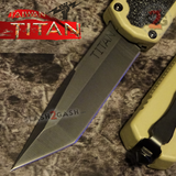 Taiwan Titan OTF D/A Desert Tan Automatic Knife Switchblade Sand w/ Black Tanto - upgraded Dual Action out-the-front knives
