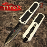 Taiwan Titan OTF D/A White Automatic Knife Switchblade w/ Black Double Edge - upgraded Dual Action out-the-front knives
