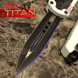 Taiwan Titan OTF D/A White Automatic Knife Switchblade w/ Black Double Edge - upgraded Dual Action out-the-front knives