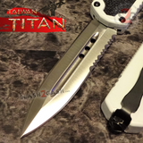 Taiwan Titan OTF D/A White Automatic Knife Switchblade w/ Silver Double Edge Serrated - upgraded Dual Action out-the-front knives