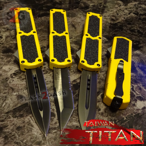 Taiwan Titan OTF D/A Yellow Automatic Knife Switchblade - upgraded Dual Action out-the-front knives slash 2 gash