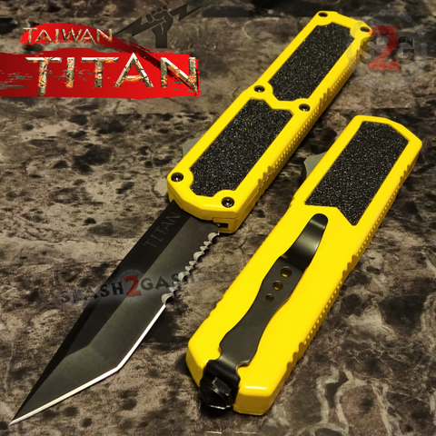 Yellow Titan OTF Knife Automatic Switchblade Black Tanto Serrated Taiwan Knives Out The Front