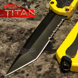 Taiwan Titan OTF D/A Yellow Automatic Knife Switchblade w/ Black Tanto Serrated - upgraded Dual Action out-the-front knives
